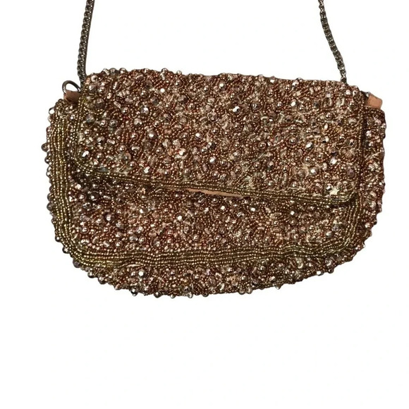 Zara Beaded Brown Clutch or Purse  with Chain - Picture 1 of 5